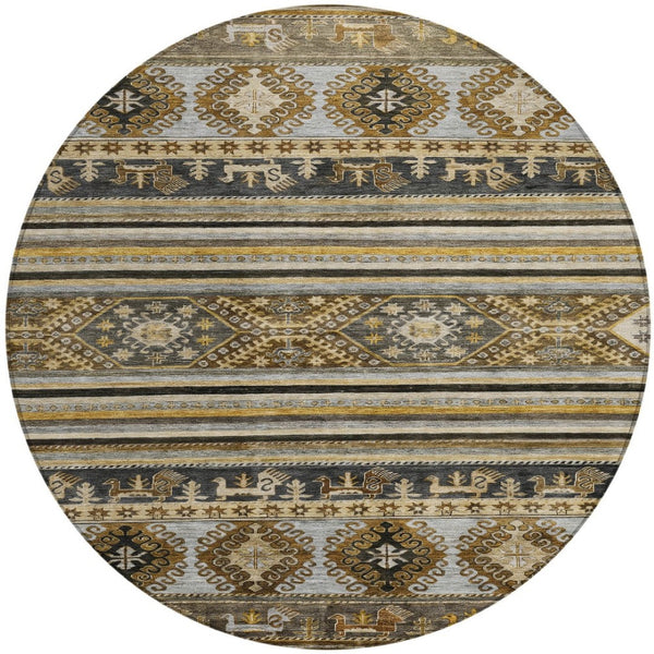 HomeRoots 5' Washable Tribal Area Rug in Chocolate Taupe and Gold – Perfect for Indoor and Outdoor Spaces! 8' Round 615406
