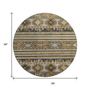 HomeRoots 5' Washable Tribal Area Rug in Chocolate Taupe and Gold – Perfect for Indoor and Outdoor Spaces! 8' Round 615406
