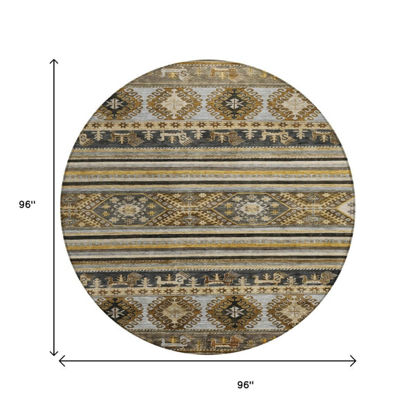 HomeRoots 5' Washable Tribal Area Rug in Chocolate Taupe and Gold – Perfect for Indoor and Outdoor Spaces! 8' Round 615406