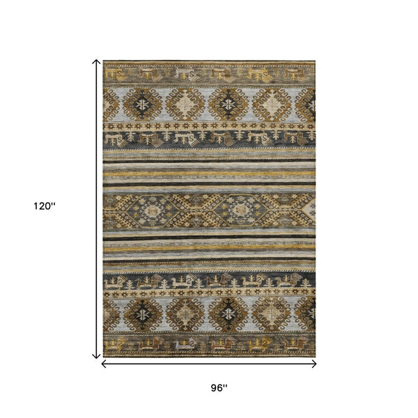 HomeRoots 5' Washable Tribal Area Rug in Chocolate Taupe and Gold – Perfect for Indoor and Outdoor Spaces! 8' X 10' 615407