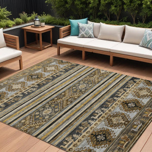 HomeRoots 5' Washable Tribal Area Rug in Chocolate Taupe and Gold – Perfect for Indoor and Outdoor Spaces! 8' X 10' 615407