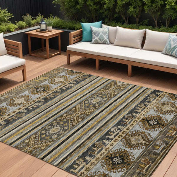 HomeRoots 5' Washable Tribal Area Rug in Chocolate Taupe and Gold – Perfect for Indoor and Outdoor Spaces! 8' X 10' 615407