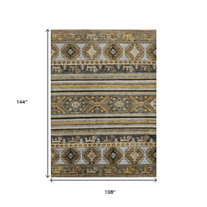 HomeRoots 5' Washable Tribal Area Rug in Chocolate Taupe and Gold – Perfect for Indoor and Outdoor Spaces! 9' X 12' 615408