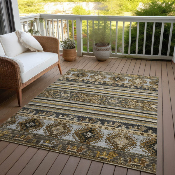 HomeRoots 5' Washable Tribal Area Rug in Chocolate Taupe and Gold – Perfect for Indoor and Outdoor Spaces! 9' X 12' 615408