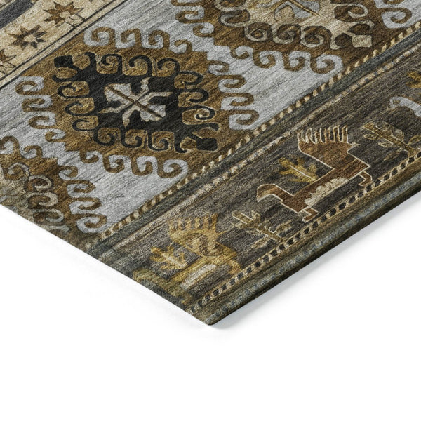 HomeRoots 5' Washable Tribal Area Rug in Chocolate Taupe and Gold – Perfect for Indoor and Outdoor Spaces! 9' X 12' 615408