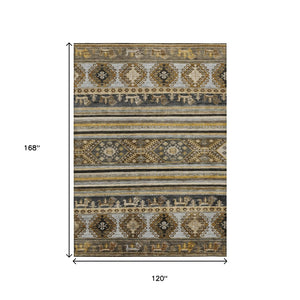 HomeRoots 5' Washable Tribal Area Rug in Chocolate Taupe and Gold – Perfect for Indoor and Outdoor Spaces! 10' X 14' 615409