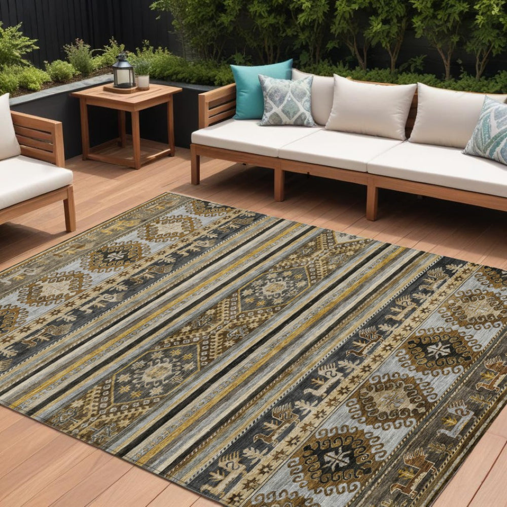 HomeRoots 5' Washable Tribal Area Rug in Chocolate Taupe and Gold – Perfect for Indoor and Outdoor Spaces! 10' X 14' 615409