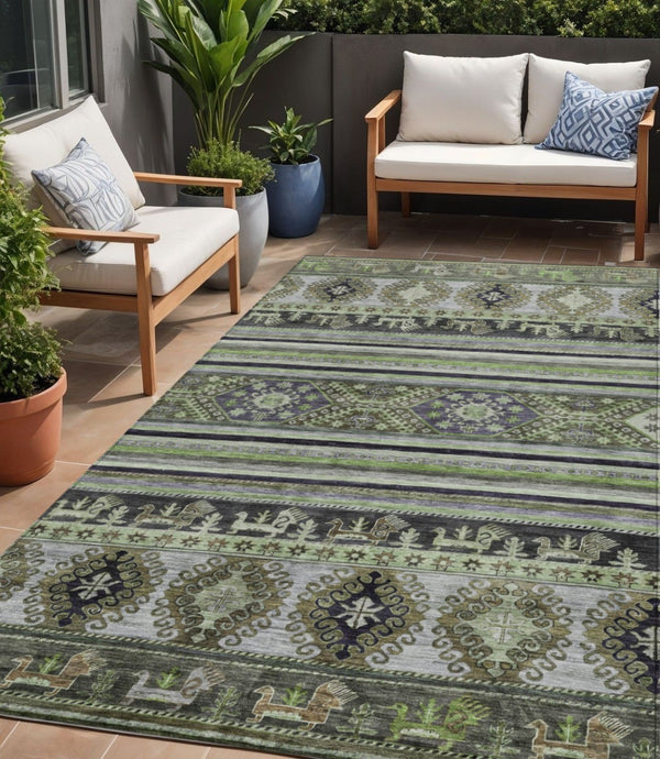 HomeRoots 5' Stylish Tribal Area Rug in Fern Green, Taupe, and Ivory - Washable for Indoor and Outdoor Use 5' X 8' 615411