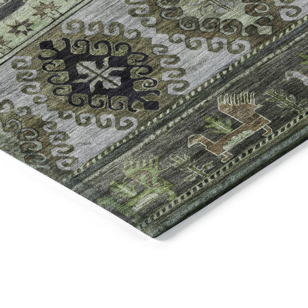 HomeRoots 5' Stylish Tribal Area Rug in Fern Green, Taupe, and Ivory - Washable for Indoor and Outdoor Use 5' X 8' 615411