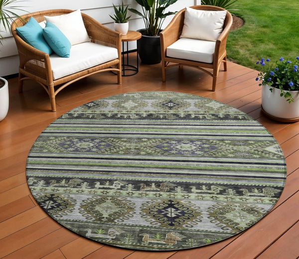 HomeRoots 5' Stylish Tribal Area Rug in Fern Green, Taupe, and Ivory - Washable for Indoor and Outdoor Use 8' Round 615412
