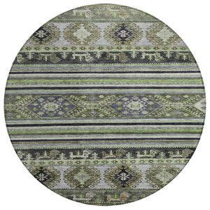 HomeRoots 5' Stylish Tribal Area Rug in Fern Green, Taupe, and Ivory - Washable for Indoor and Outdoor Use 8' Round 615412