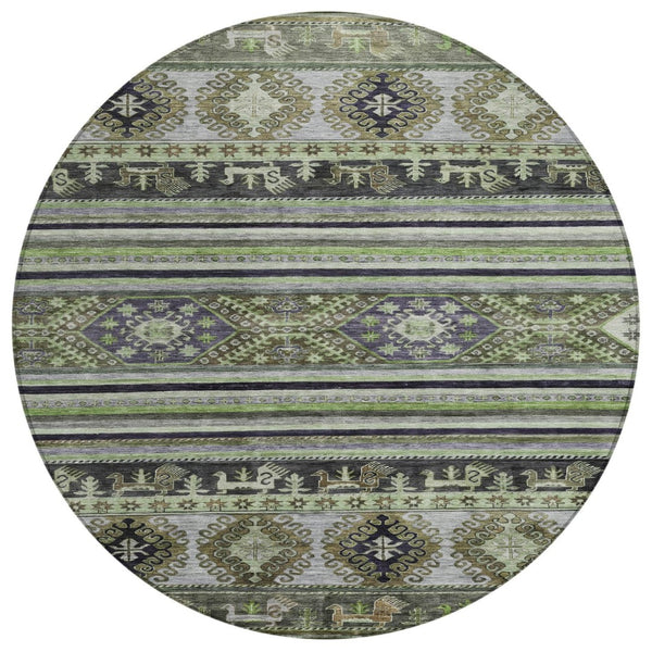 HomeRoots 5' Stylish Tribal Area Rug in Fern Green, Taupe, and Ivory - Washable for Indoor and Outdoor Use 8' Round 615412
