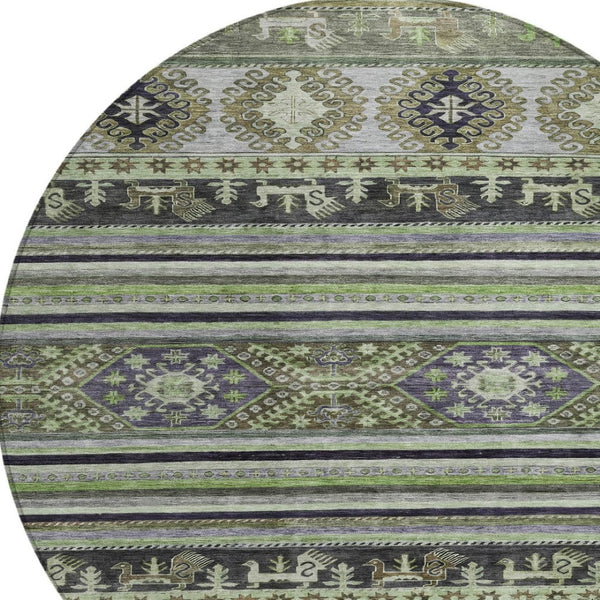 HomeRoots 5' Stylish Tribal Area Rug in Fern Green, Taupe, and Ivory - Washable for Indoor and Outdoor Use 8' Round 615412