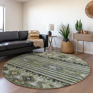 HomeRoots 5' Stylish Tribal Area Rug in Fern Green, Taupe, and Ivory - Washable for Indoor and Outdoor Use 8' Round 615412
