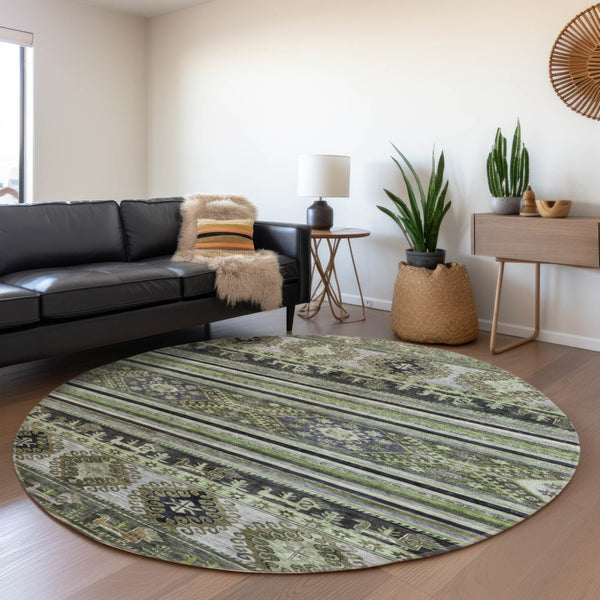 HomeRoots 5' Stylish Tribal Area Rug in Fern Green, Taupe, and Ivory - Washable for Indoor and Outdoor Use 8' Round 615412