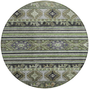 HomeRoots 5' Stylish Tribal Area Rug in Fern Green, Taupe, and Ivory - Washable for Indoor and Outdoor Use 8' Round 615412