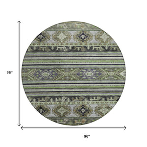 HomeRoots 5' Stylish Tribal Area Rug in Fern Green, Taupe, and Ivory - Washable for Indoor and Outdoor Use 8' Round 615412