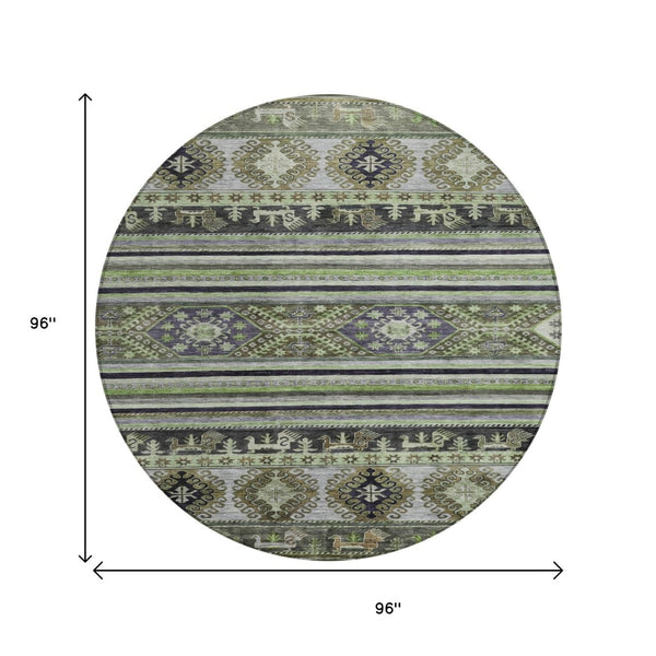 HomeRoots 5' Stylish Tribal Area Rug in Fern Green, Taupe, and Ivory - Washable for Indoor and Outdoor Use 8' Round 615412