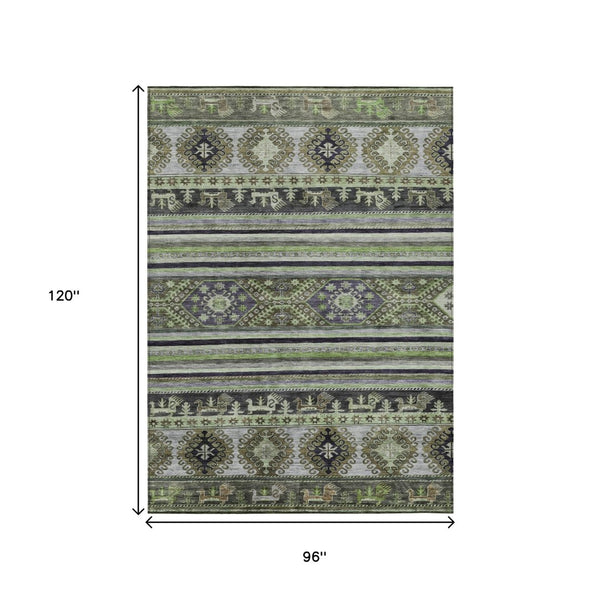HomeRoots 5' Stylish Tribal Area Rug in Fern Green, Taupe, and Ivory - Washable for Indoor and Outdoor Use 8' X 10' 615413