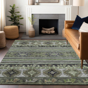 HomeRoots 5' Stylish Tribal Area Rug in Fern Green, Taupe, and Ivory - Washable for Indoor and Outdoor Use 8' X 10' 615413