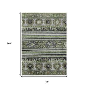 HomeRoots 5' Stylish Tribal Area Rug in Fern Green, Taupe, and Ivory - Washable for Indoor and Outdoor Use 9' X 12' 615414