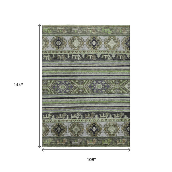 HomeRoots 5' Stylish Tribal Area Rug in Fern Green, Taupe, and Ivory - Washable for Indoor and Outdoor Use 9' X 12' 615414