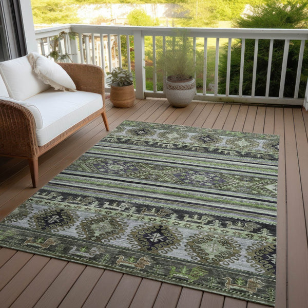 HomeRoots 5' Stylish Tribal Area Rug in Fern Green, Taupe, and Ivory - Washable for Indoor and Outdoor Use 9' X 12' 615414