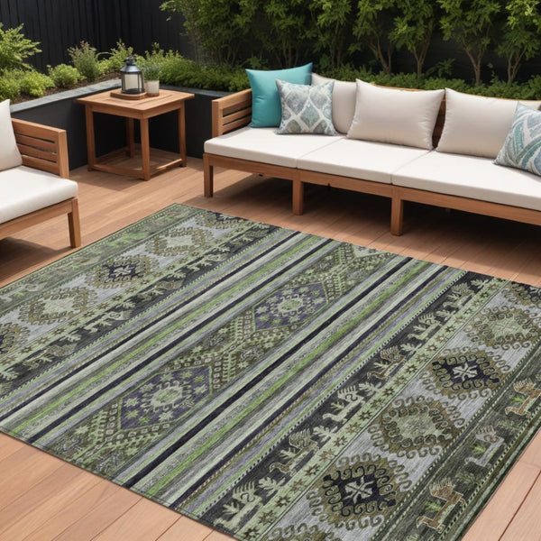 HomeRoots 5' Stylish Tribal Area Rug in Fern Green, Taupe, and Ivory - Washable for Indoor and Outdoor Use 10' X 14' 615415