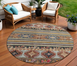 HomeRoots 5' Tribal Area Rug in Rust, Gray, and Gold – Washable Indoor Outdoor Design for Stylish Living Spaces 8' Round 615418