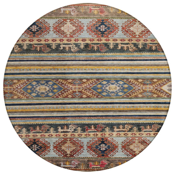 HomeRoots 5' Tribal Area Rug in Rust, Gray, and Gold – Washable Indoor Outdoor Design for Stylish Living Spaces 8' Round 615418
