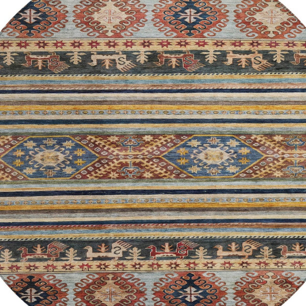 HomeRoots 5' Tribal Area Rug in Rust, Gray, and Gold – Washable Indoor Outdoor Design for Stylish Living Spaces 8' Round 615418