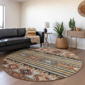 HomeRoots 5' Tribal Area Rug in Rust, Gray, and Gold – Washable Indoor Outdoor Design for Stylish Living Spaces 8' Round 615418