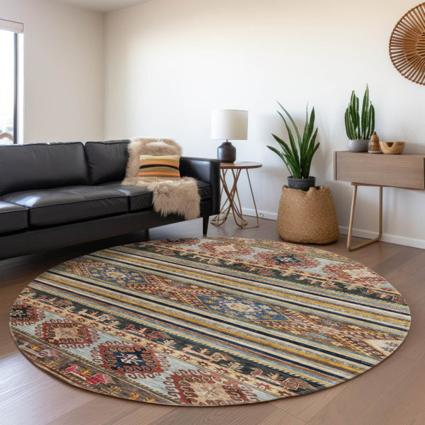 HomeRoots 5' Tribal Area Rug in Rust, Gray, and Gold – Washable Indoor Outdoor Design for Stylish Living Spaces 8' Round 615418