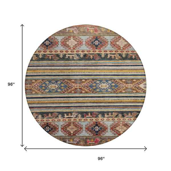HomeRoots 5' Tribal Area Rug in Rust, Gray, and Gold – Washable Indoor Outdoor Design for Stylish Living Spaces 8' Round 615418