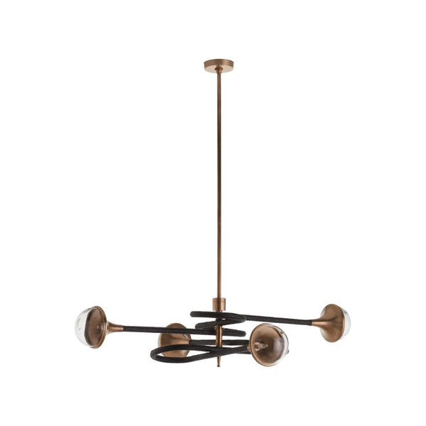 Wildwood Newton Sculptural Chandelier With Wrapped Leather Arms, Brass Stem & Clear Globe Lights For Dramatic Dining Focal Point 61542