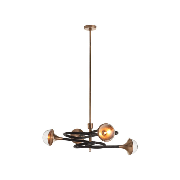 Wildwood Newton Sculptural Chandelier With Wrapped Leather Arms, Brass Stem & Clear Globe Lights For Dramatic Dining Focal Point 61542