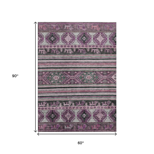 HomeRoots 5' Vibrant Purple Plum and Gray Tribal Washable Area Rug for Indoor and Outdoor High-Traffic Spaces 5' X 8' 615423