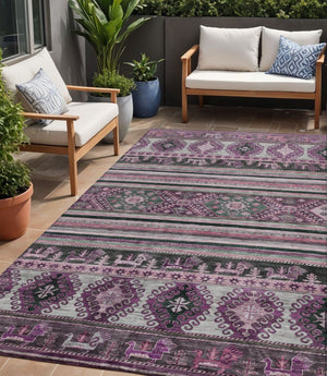 HomeRoots 5' Vibrant Purple Plum and Gray Tribal Washable Area Rug for Indoor and Outdoor High-Traffic Spaces 5' X 8' 615423