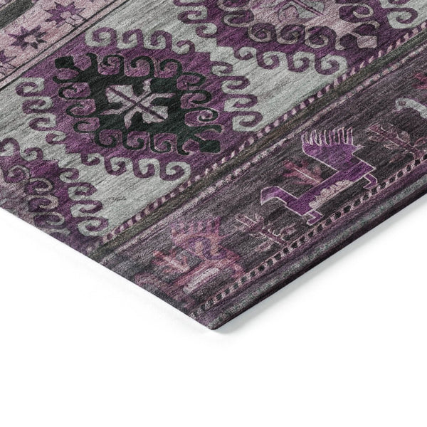 HomeRoots 5' Vibrant Purple Plum and Gray Tribal Washable Area Rug for Indoor and Outdoor High-Traffic Spaces 5' X 8' 615423