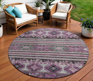 HomeRoots 5' Vibrant Purple Plum and Gray Tribal Washable Area Rug for Indoor and Outdoor High-Traffic Spaces 8' Round 615424