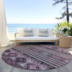 HomeRoots 5' Vibrant Purple Plum and Gray Tribal Washable Area Rug for Indoor and Outdoor High-Traffic Spaces 8' Round 615424