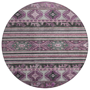 HomeRoots 5' Vibrant Purple Plum and Gray Tribal Washable Area Rug for Indoor and Outdoor High-Traffic Spaces 8' Round 615424