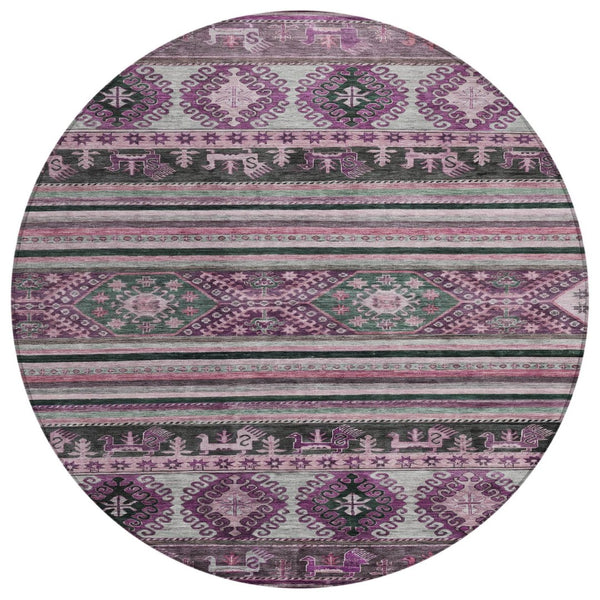 HomeRoots 5' Vibrant Purple Plum and Gray Tribal Washable Area Rug for Indoor and Outdoor High-Traffic Spaces 8' Round 615424