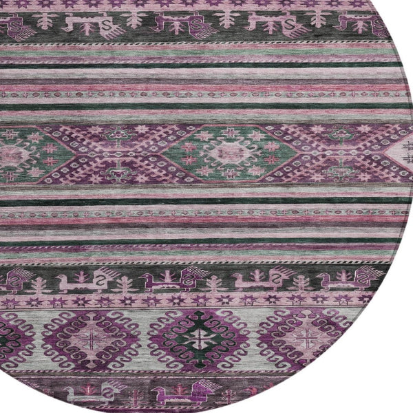 HomeRoots 5' Vibrant Purple Plum and Gray Tribal Washable Area Rug for Indoor and Outdoor High-Traffic Spaces 8' Round 615424