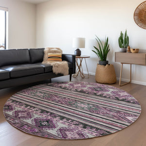 HomeRoots 5' Vibrant Purple Plum and Gray Tribal Washable Area Rug for Indoor and Outdoor High-Traffic Spaces 8' Round 615424