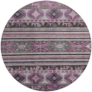 HomeRoots 5' Vibrant Purple Plum and Gray Tribal Washable Area Rug for Indoor and Outdoor High-Traffic Spaces 8' Round 615424