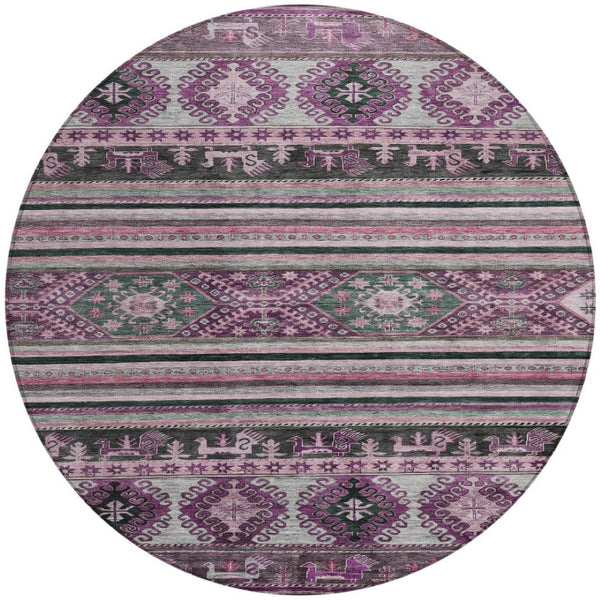 HomeRoots 5' Vibrant Purple Plum and Gray Tribal Washable Area Rug for Indoor and Outdoor High-Traffic Spaces 8' Round 615424