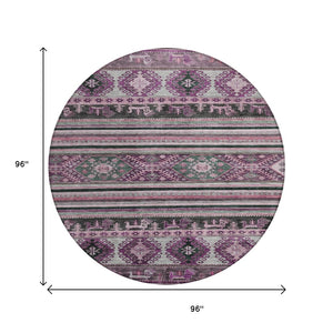 HomeRoots 5' Vibrant Purple Plum and Gray Tribal Washable Area Rug for Indoor and Outdoor High-Traffic Spaces 8' Round 615424