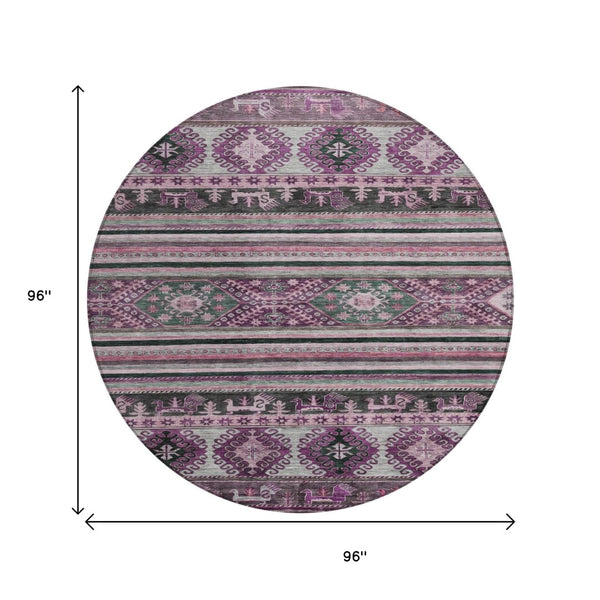 HomeRoots 5' Vibrant Purple Plum and Gray Tribal Washable Area Rug for Indoor and Outdoor High-Traffic Spaces 8' Round 615424