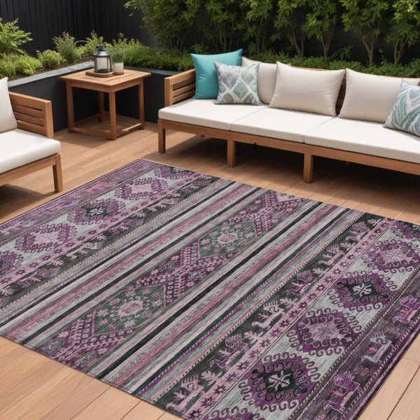 HomeRoots 5' Vibrant Purple Plum and Gray Tribal Washable Area Rug for Indoor and Outdoor High-Traffic Spaces 8' X 10' 615425